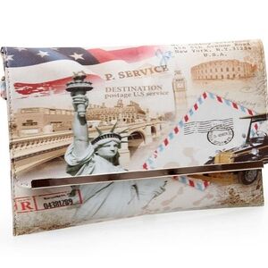 BMC Womens Textured PU Leather Postage Stamp Design Print Fashion Clutch Handbag